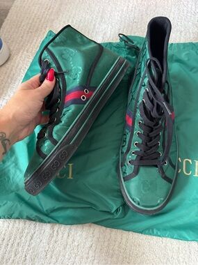 Gucci Green High-Top Sneakers with Red and Blue Web Stripe